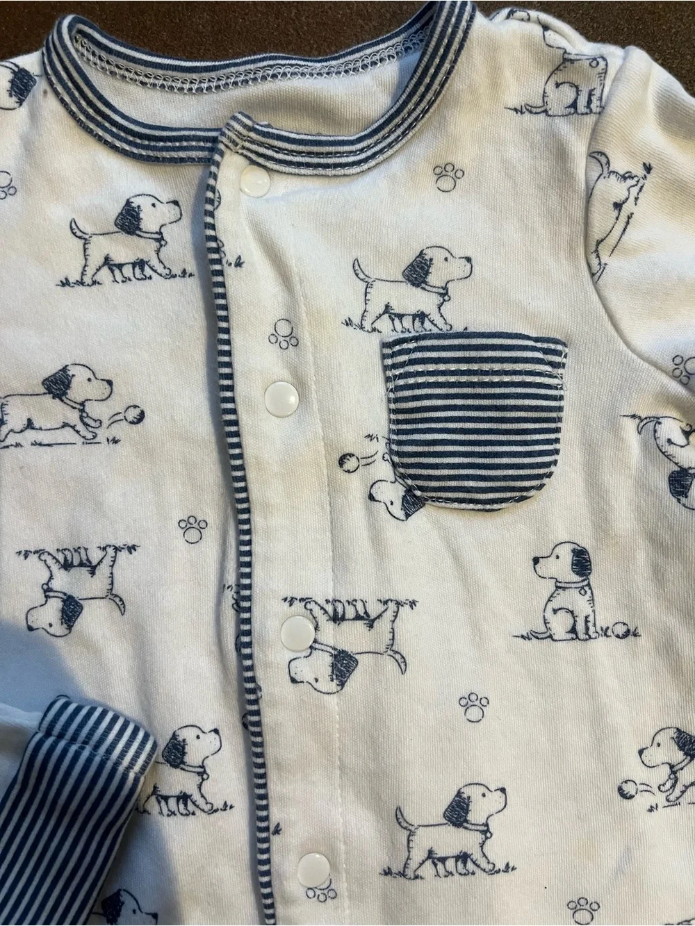 Little Me White and Navy Puppy Print Footed One-Piece with Hat